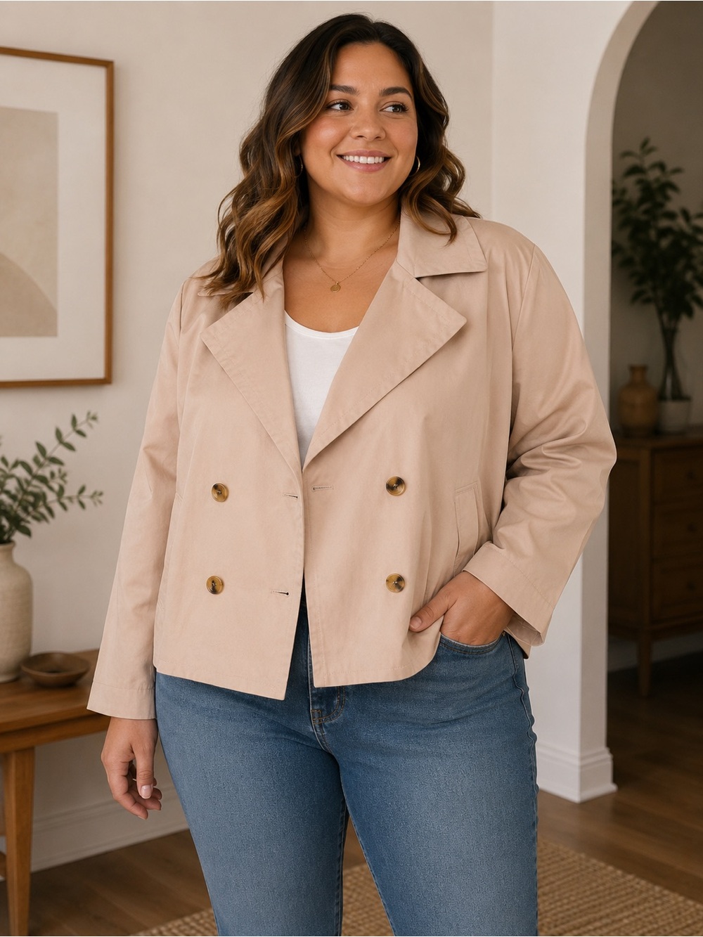 Lauren Conrad Cropped Trench Jacket Double Breasted XXL Neutral Minimalist